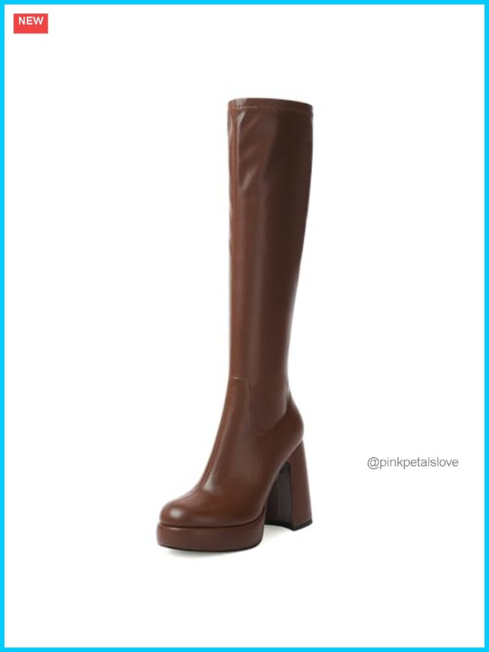 Platform Knee High Boots Chunky Heel Rounded Toe Elastic PU Leather Side Zipper
